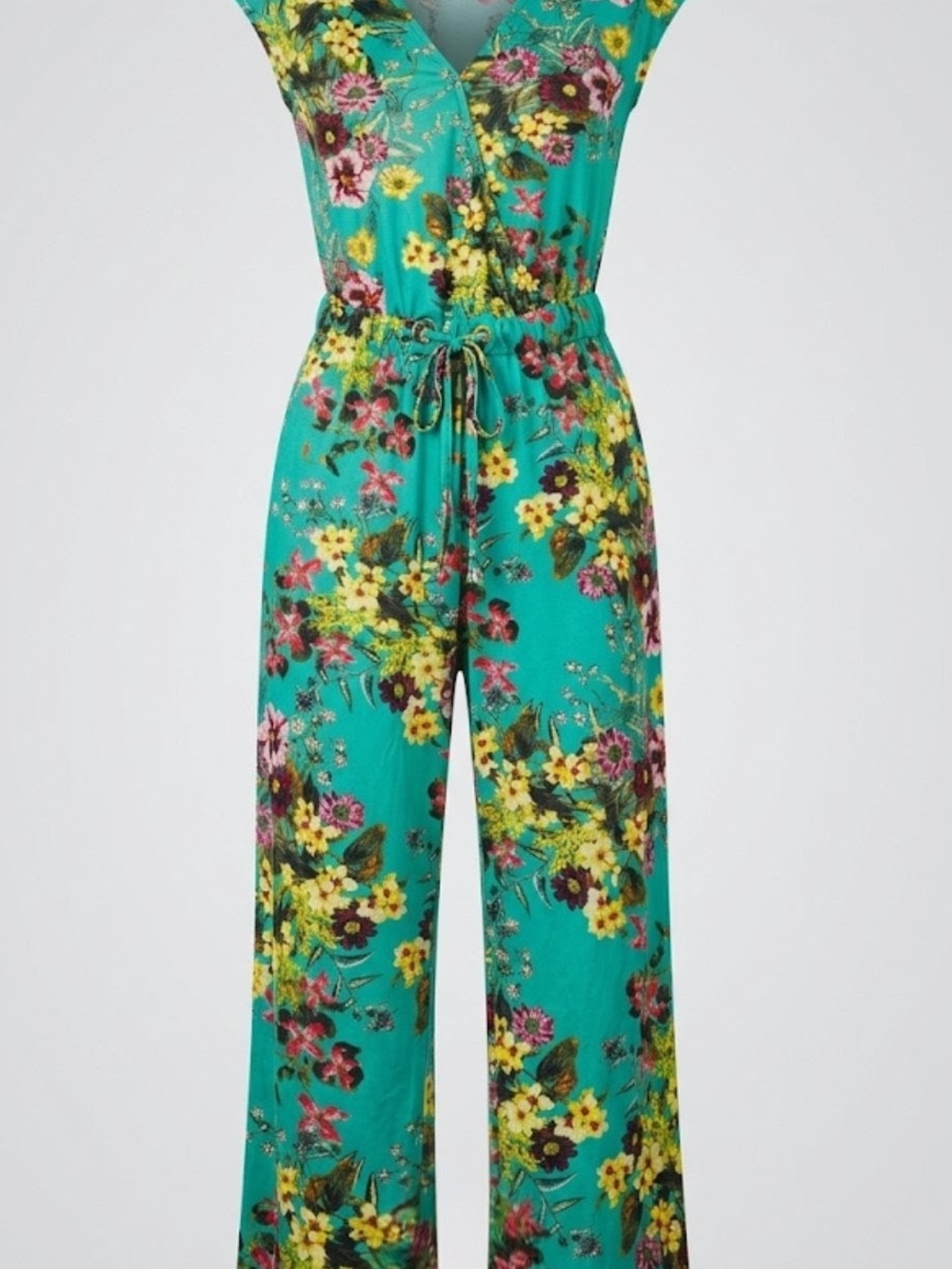 Harlow&Rose Teal Floral Wide-Leg Jumpsuit with Drawstring Waist